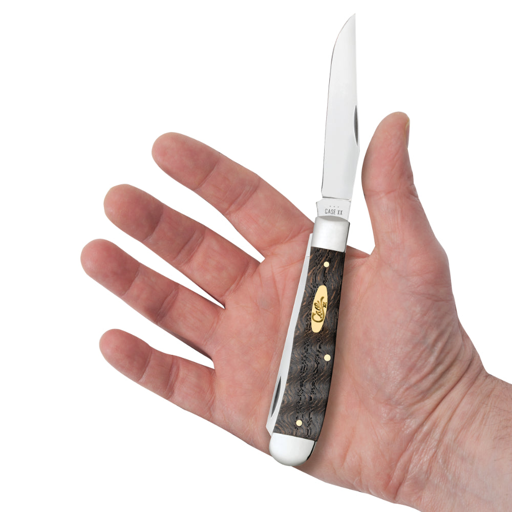 Case Trapper Black Curly Oak Wood Pocket Knife in Hand