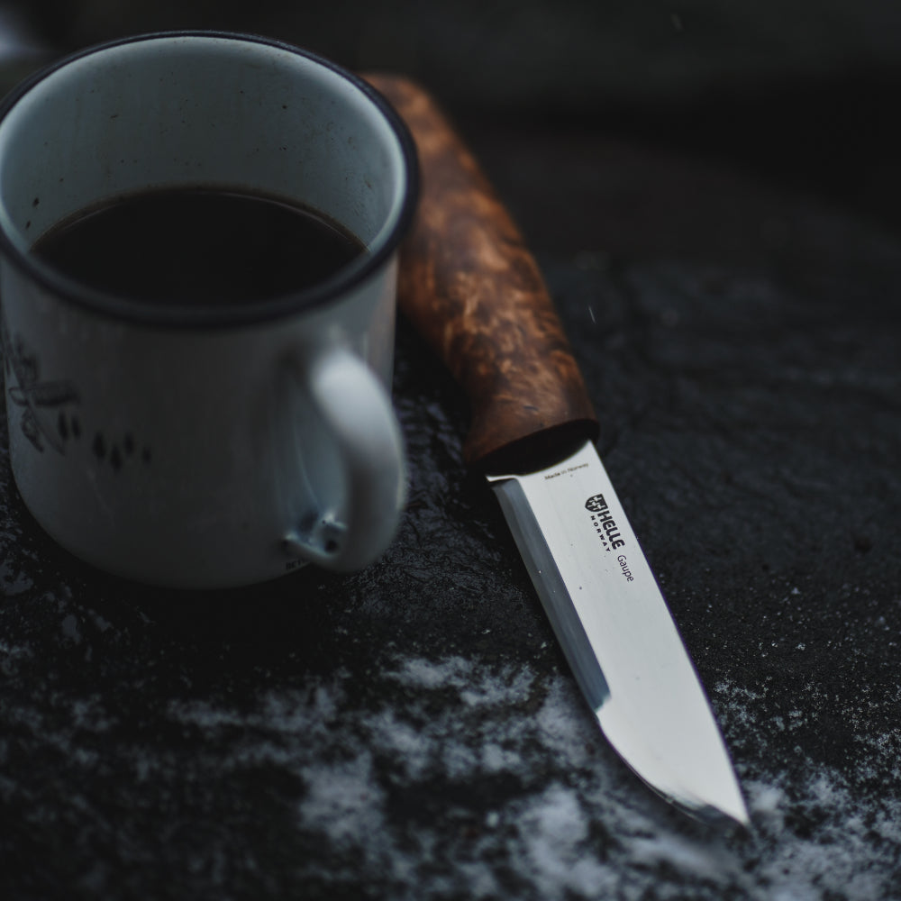 Helle Guape Outdoor Knife with Curly Birch Handle and Triple-Laminate Steel Blade