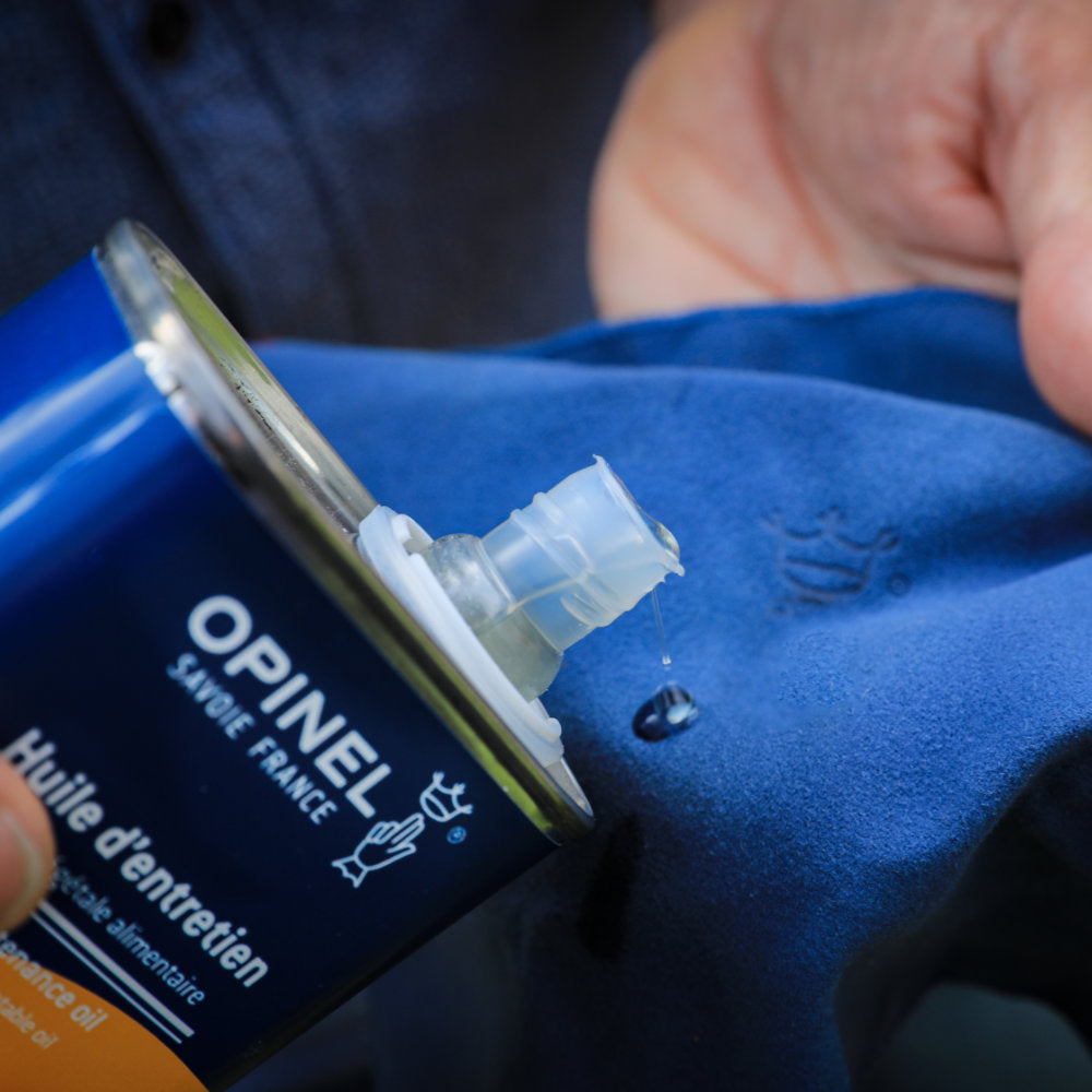 Opinel Knife Maintenance Vegetable Oil in Use with Soft Cloth