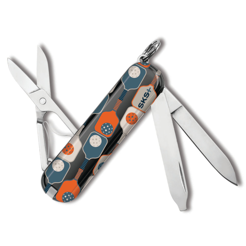 Victorinox Pickleball Classic SD Designer Swiss Army Knife Back View with Pickleball Paddle and Pickleball Ball Pattern.