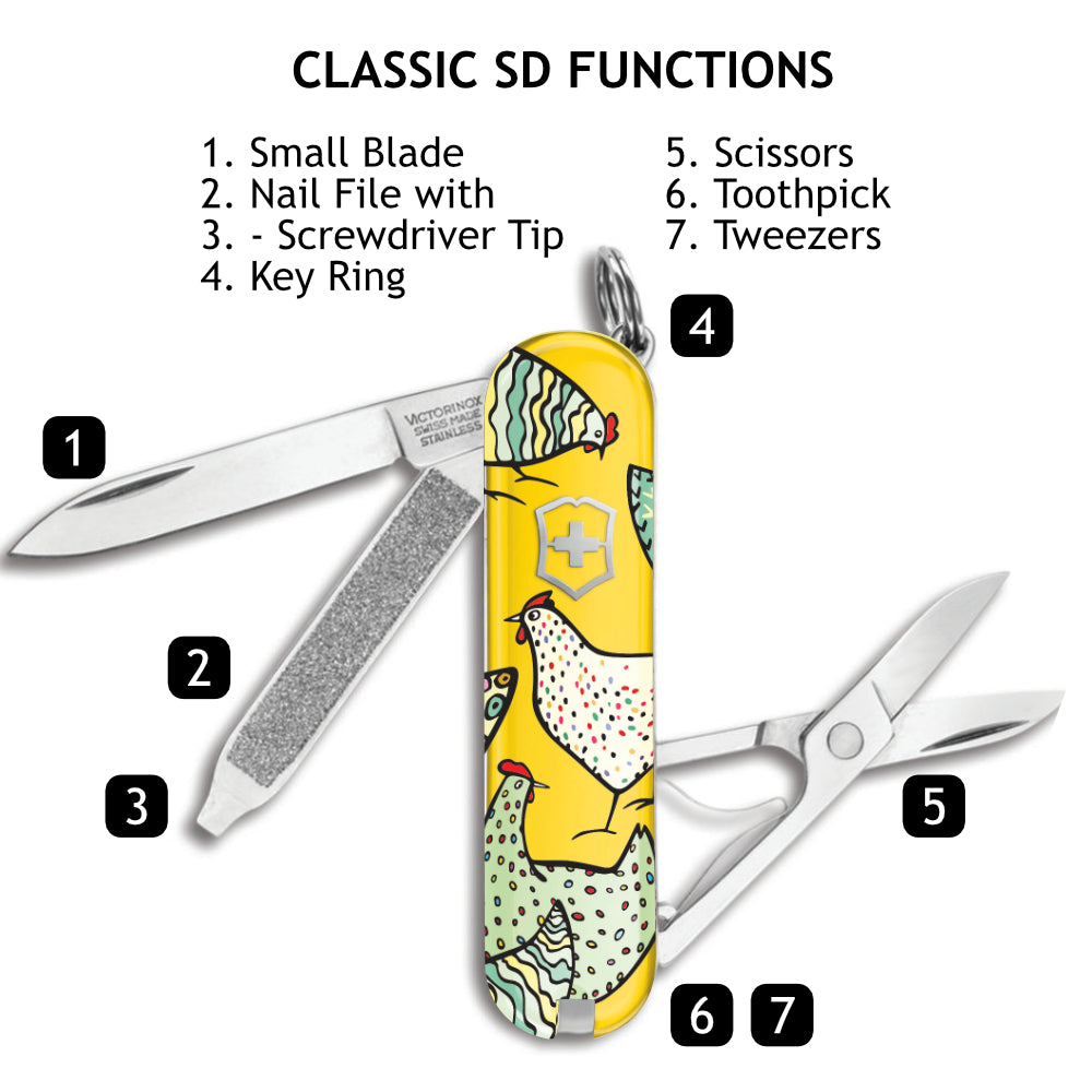 Victorinox Funky Chickens Classic SD Designer Swiss Army Knife Functions