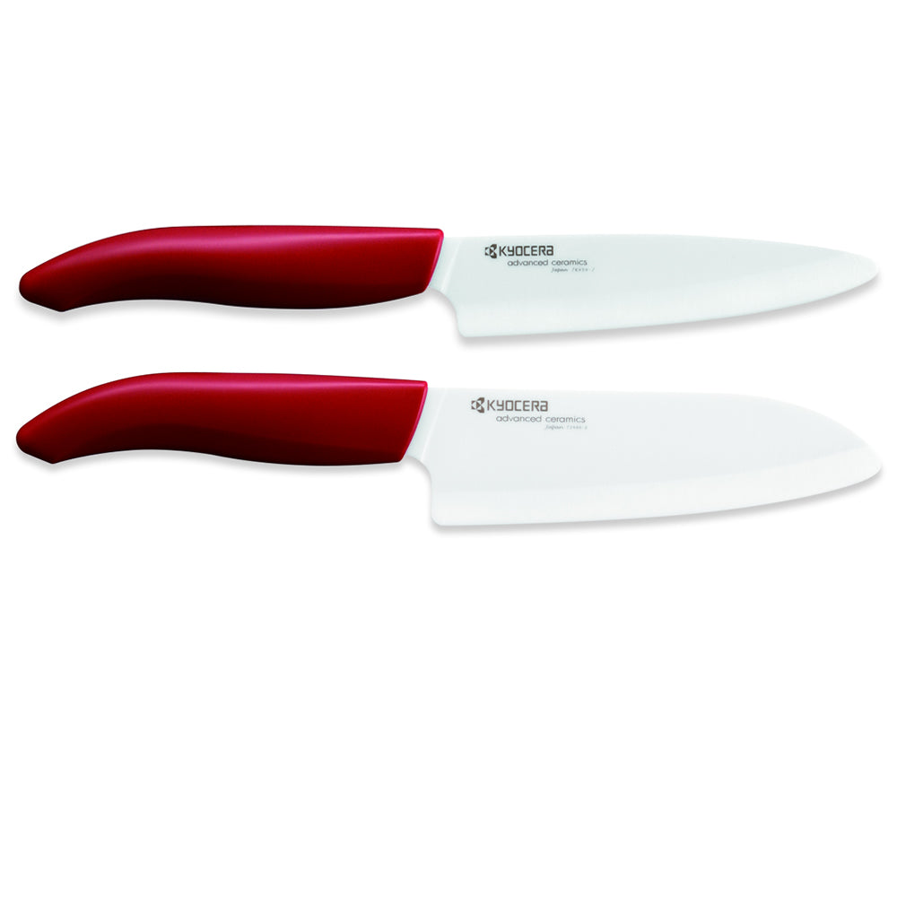 Kyocera Revolution 2-Piece Red Handle White Blade Ceramic Santoku & Utility Knife Set