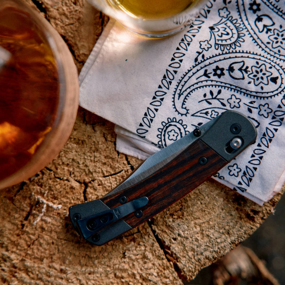 Buck 110 Folding Hunter Crossbar Knife Closed with Clip Side on Tree Stump