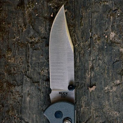 Buck 112 Folding Ranger Crossbar Knife Blade Detail Close-up