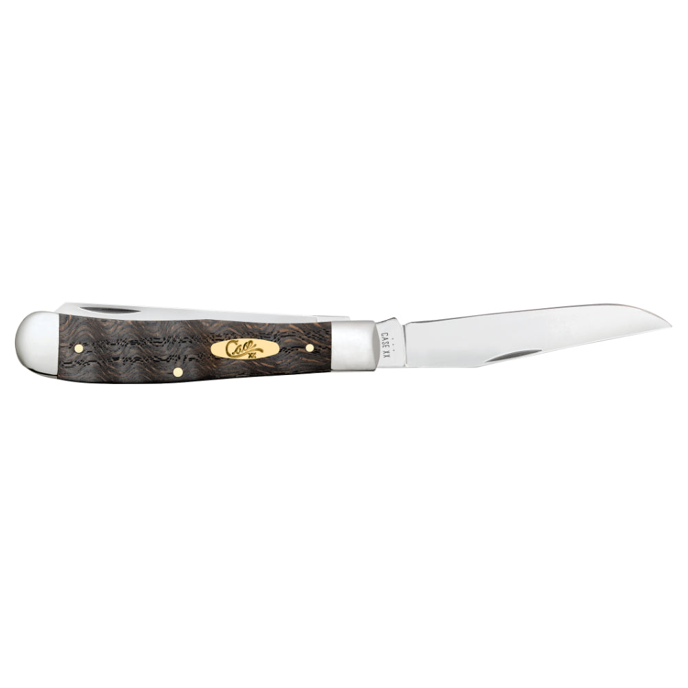 Case Trapper Black Curly Oak Wood Pocket Knife with Clip Blade Open