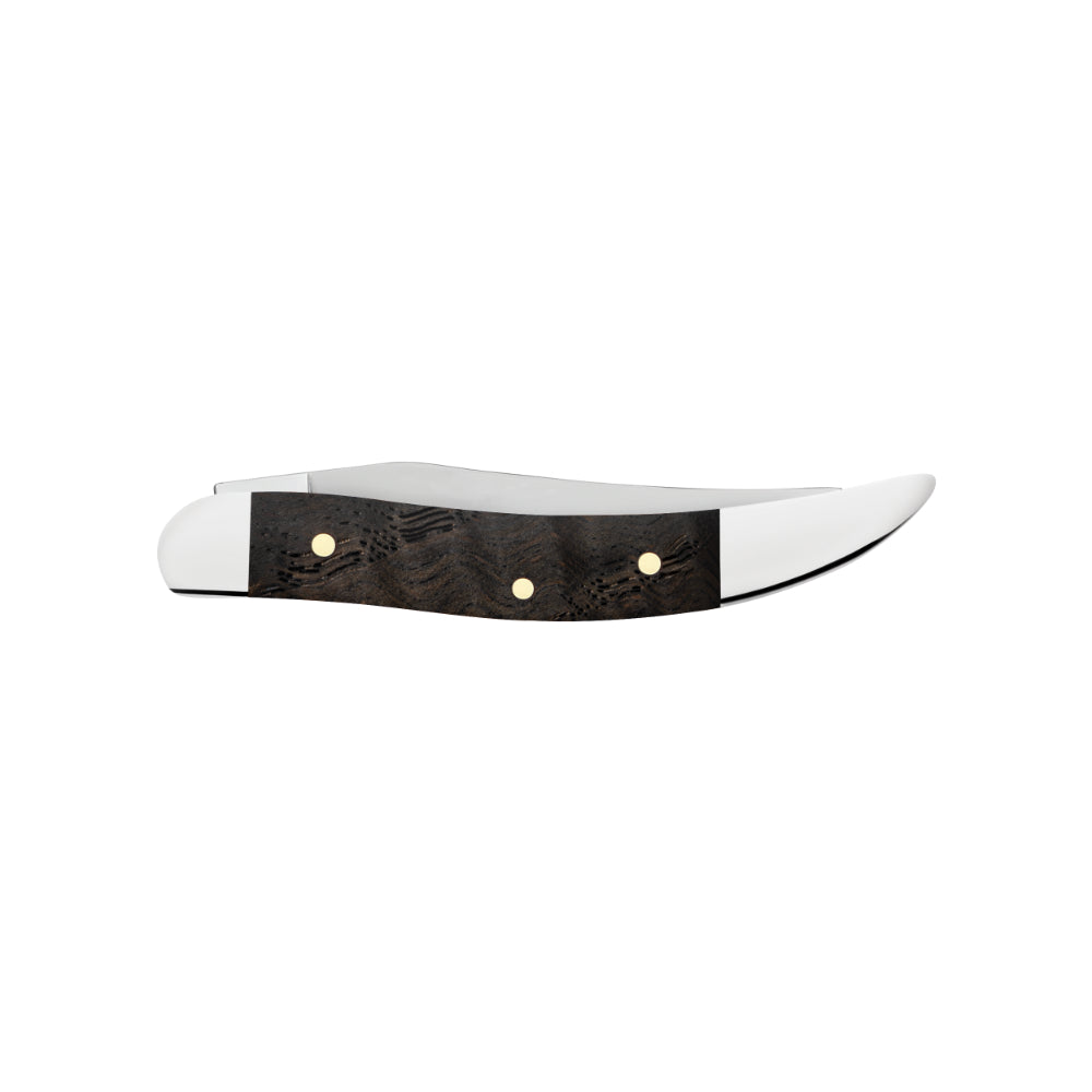 Case Small Texas Toothpick Black Curly Oak Wood Pocket Knife Closed Back View
