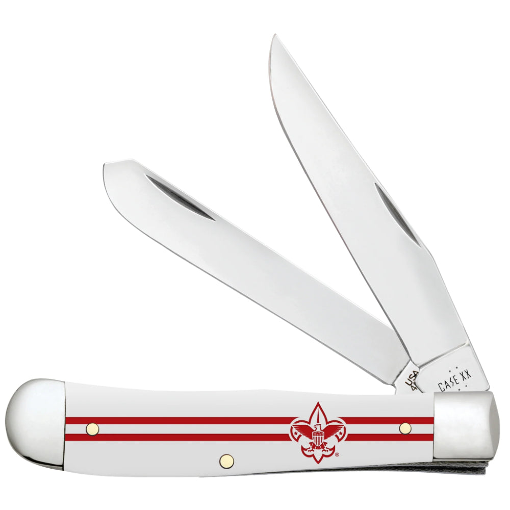 Case Scouting America Trapper Smooth White Synthetic Pocket Knife with Both Clip and Spey Blades Open