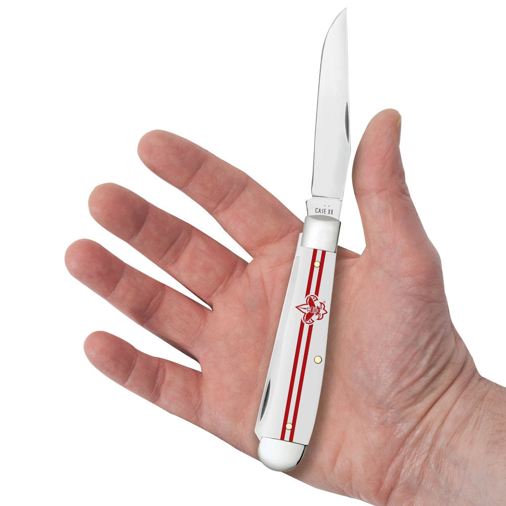 Case Scouting America Trapper Smooth White Synthetic Pocket Knife in Hand