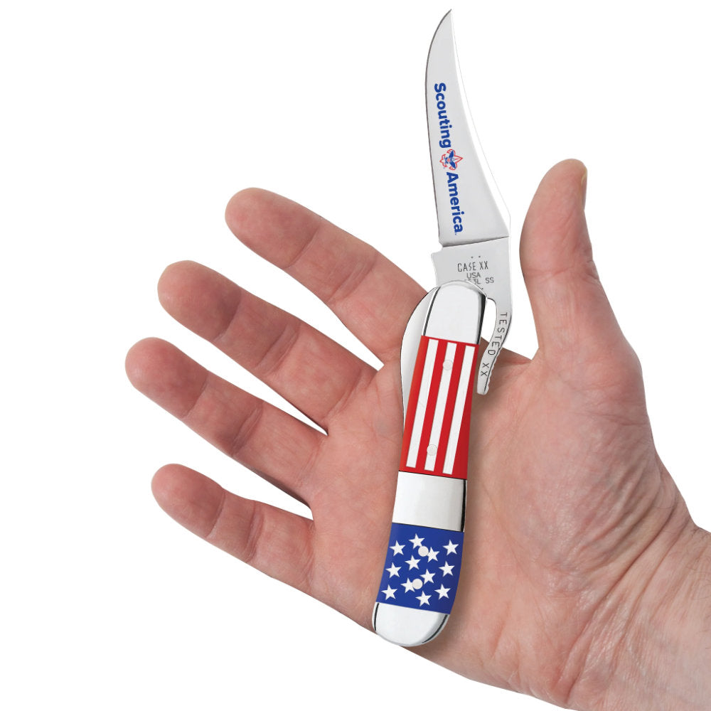 Case Scouting America Center Bolstered RussLock US Flag Pocket Knife in Hand