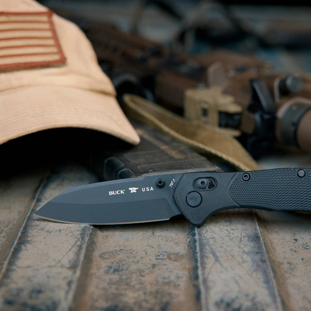 Buck 797 Range Pro Ops Lockblade Knife Blade Detail with Hunting Gear