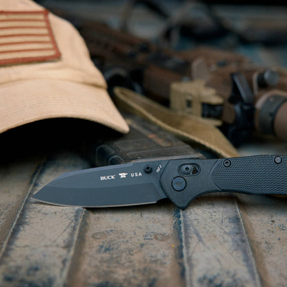 Buck 797 Range Pro Ops Lockblade Knife Blade Detail with Hunting Gear