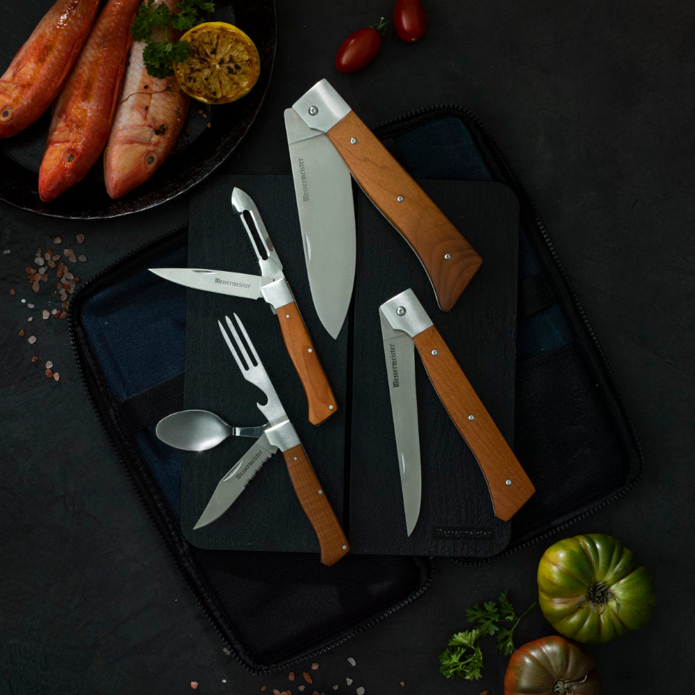 Messermeister Adventure Chef Maple 6-Piece Summit Outdoor Knife Set All Open with Food
