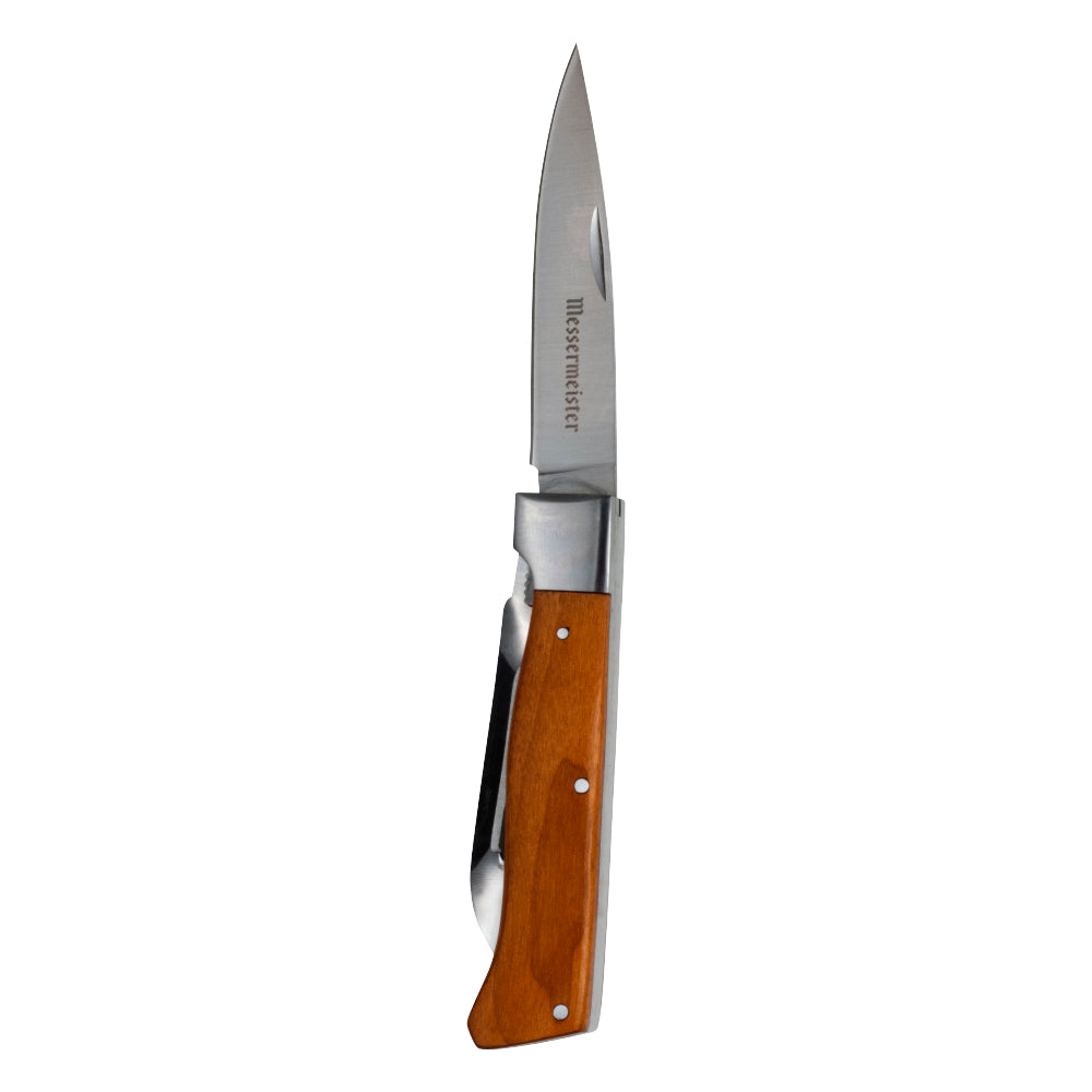 Messermeister Adventure Chef Folding Peeler and Parer Tool with Blade Open, Front View