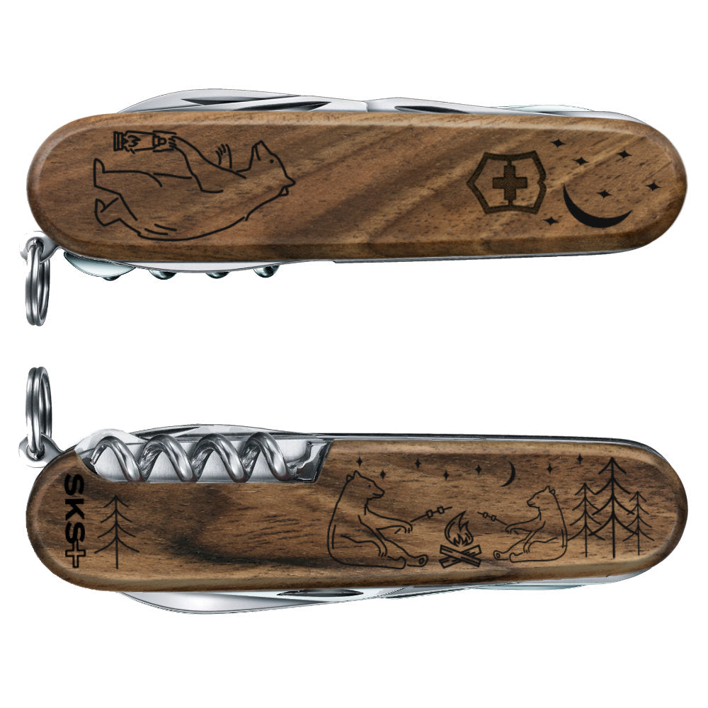 Victorinox Personalized Camping Bears Huntsman Hardwood Walnut Designer Swiss Army Knife Front and Back