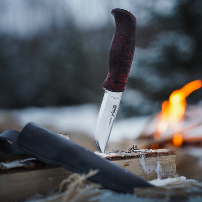 Helle Allmenn Outdoor Knife with Leather Sheath by the Campfire