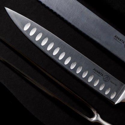 Messermeister Avanta Forged 6-Piece Pro BBQ Set Blade Detail Featuring Kullens Slicing and Carving Knife