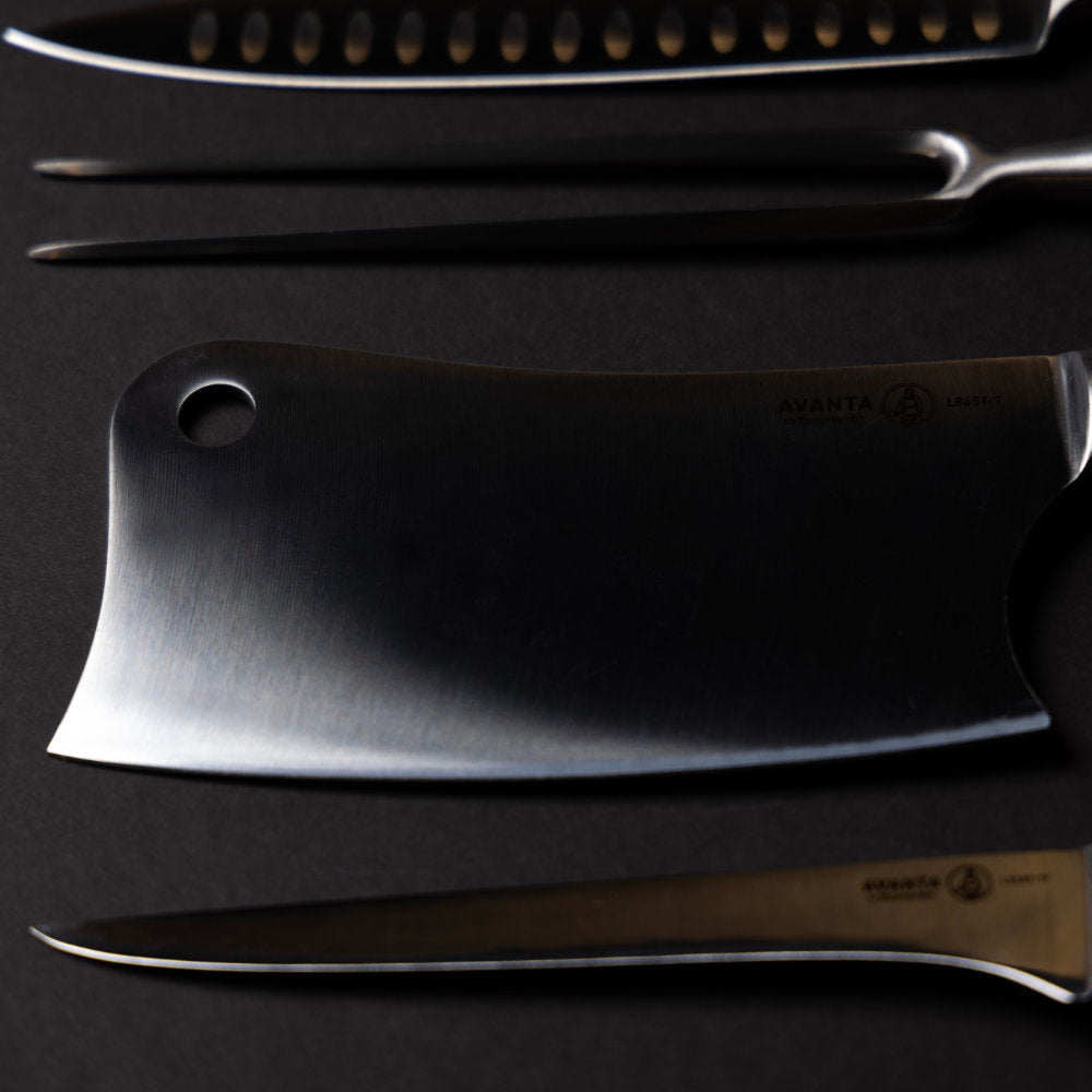 Messermeister Avanta Forged 6-Piece Pro BBQ Set Blade Detail Featuring Cleaver and Boning Knife