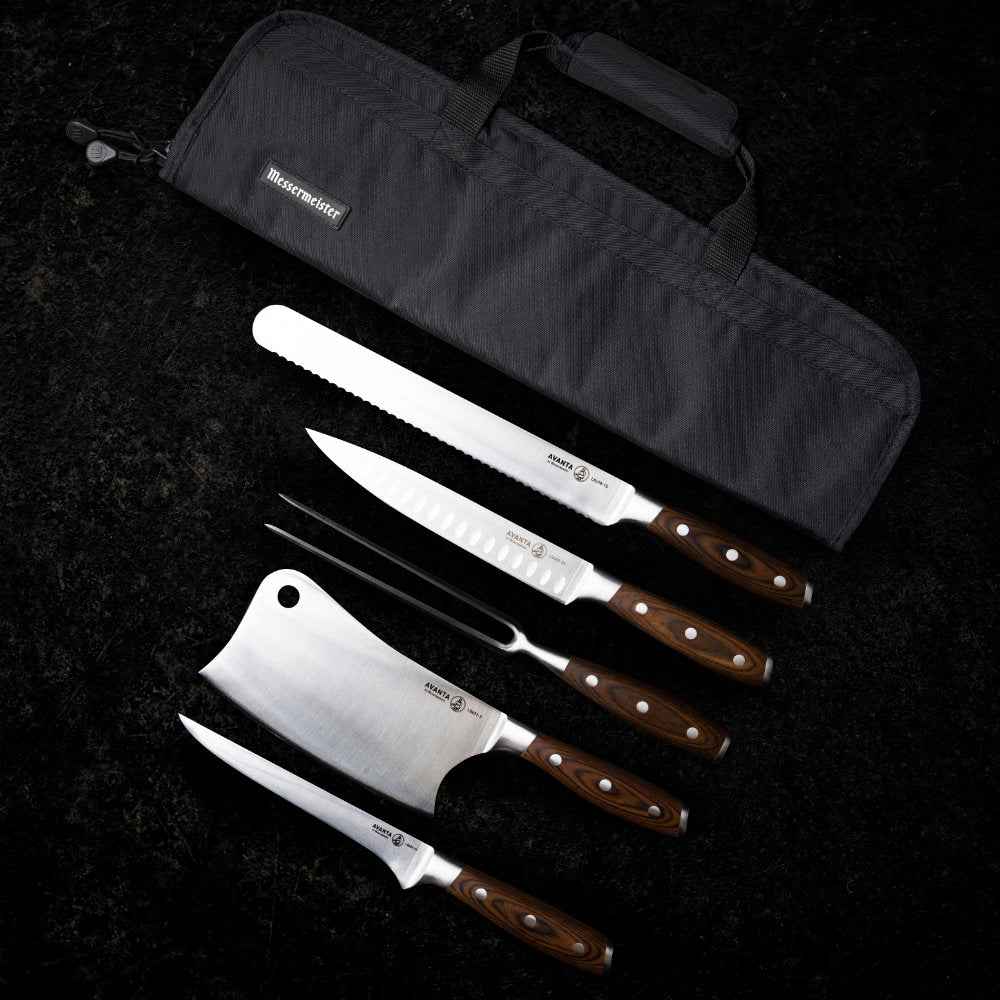 Messermeister Avanta Forged 6-Piece Pro BBQ Set Components and Bag