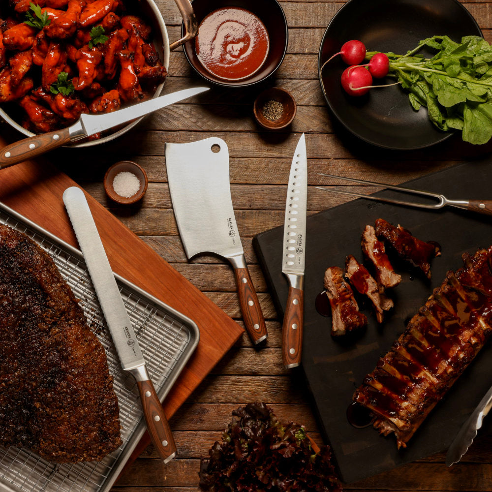 Messermeister Avanta Forged 6-Piece Pro BBQ Set in Use Preparing Barbecue Treats