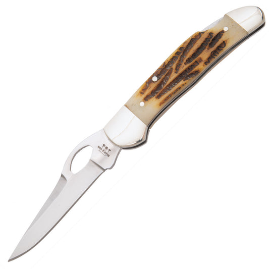 Bear and Son 5149L One-hand Opening Cowhand Genuine India Stag Bone Lockback Knife with Pocket Clip at Swiss Knife Shop