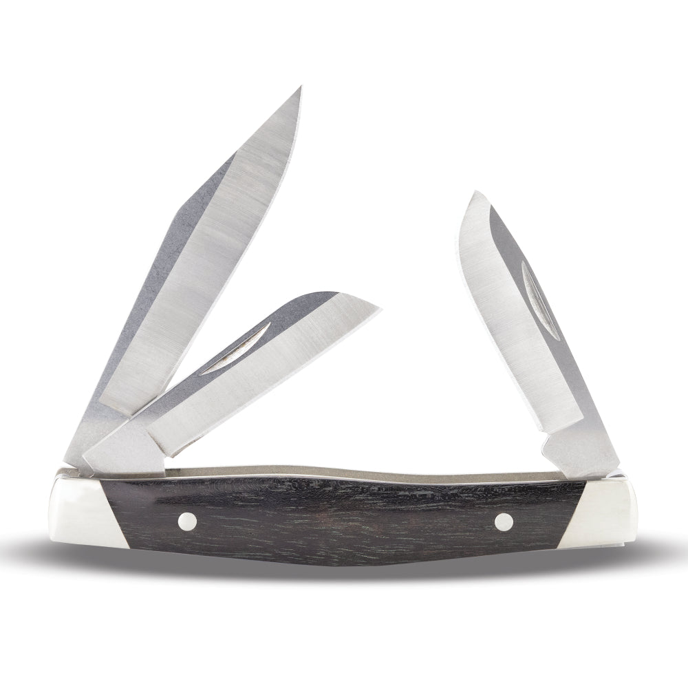 Buck 301 Stockman Folding Pocket Knife, Wood Handle Back View with Blades Open