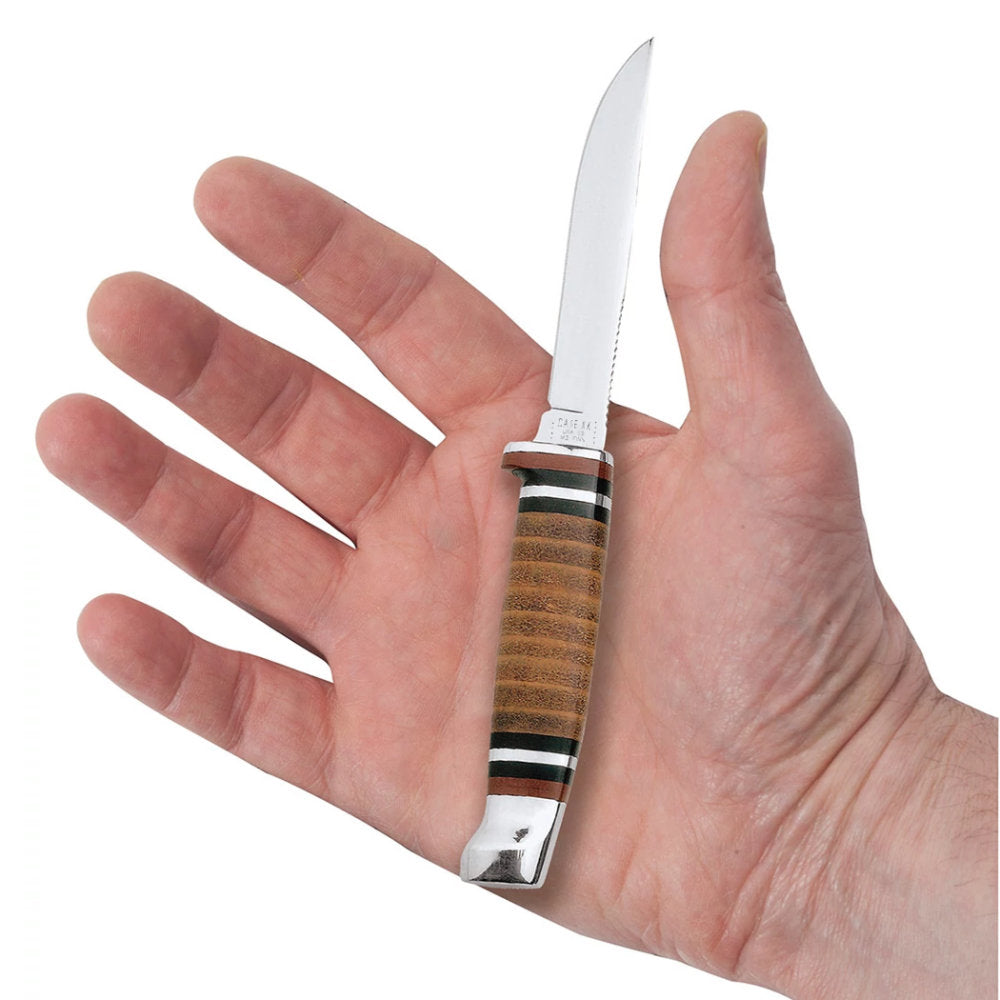 Case Mini FINN Hunter Fixed Blade Knife with Leather Sheath in Hand