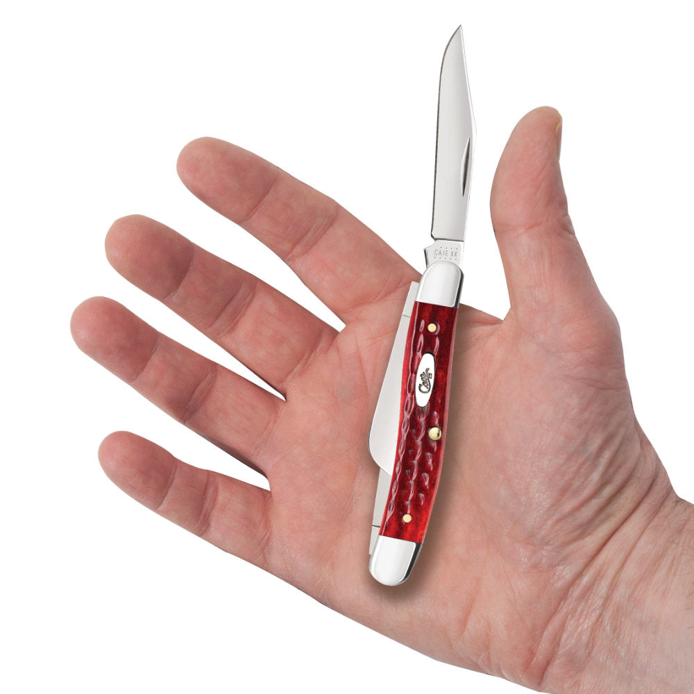 Case Medium Stockman Pocket Worn Old Red Bone Pocket Knife in Hand