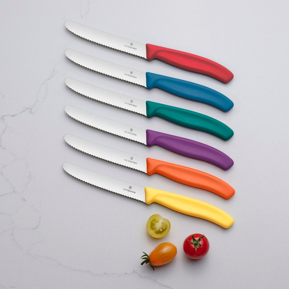 Victorinox Swiss Classic Colorful 6-Piece 4.5" Serrated Utility Knife Set by Victorinox Lined Up