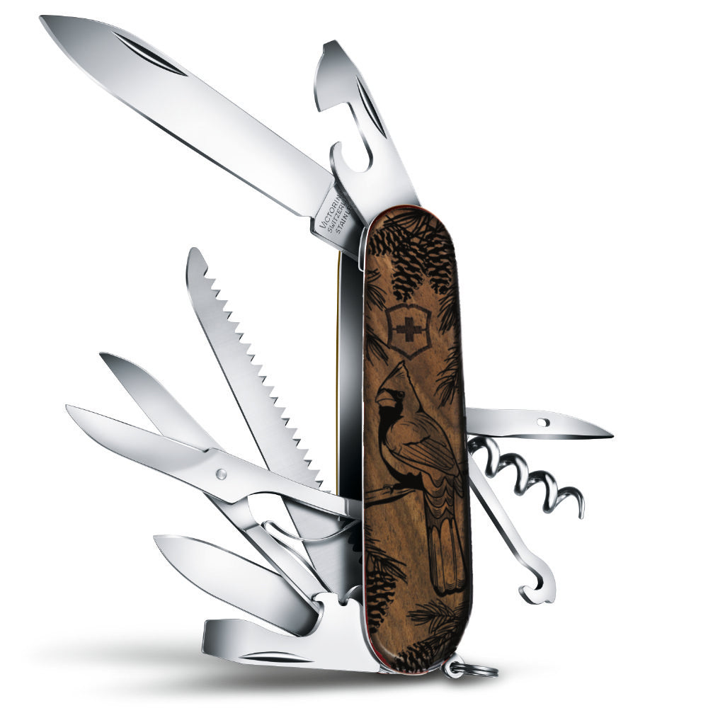 Victorinox Personalized Cardinal Huntsman Hardwood Walnut Designer Swiss Army Knife with All Tools Open