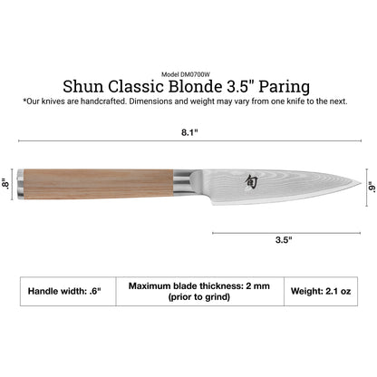 Shun Classic Blonde 3.5" Paring Knife Dimensions