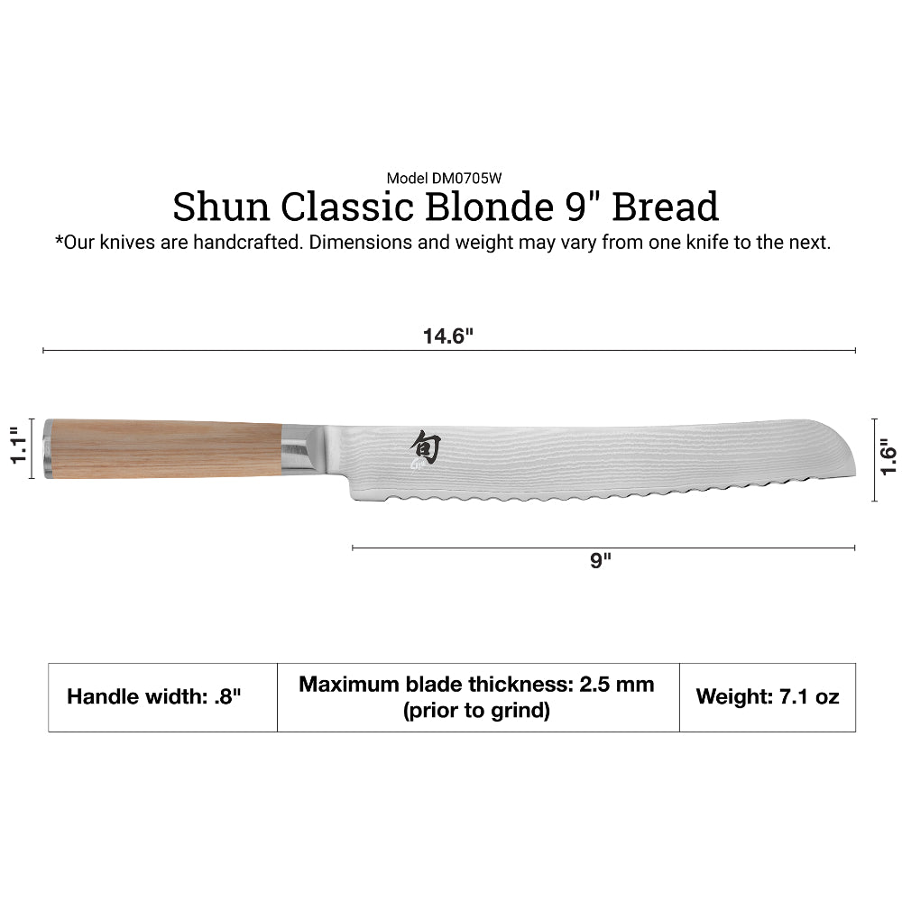 Shun Classic Blonde 9" Bread Knife Dimensions