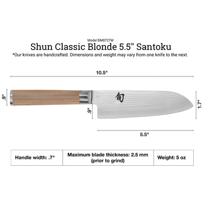 Shun Classic Blonde 5.5" Santoku Knife Dimensions