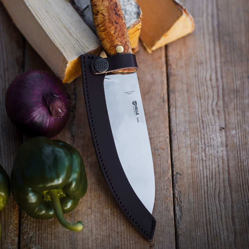 Helle Dele Chef's Knife with Leather Blade Cover for Taking Your Knife on the Go