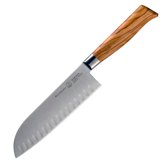 Messermeister Oliva Elite 7-inch Kullens Santoku Knife Angled View