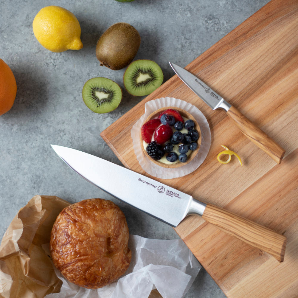 Messermeister Oliva Elite 8-inch Chef's Knife on Board with Parer and Fruit