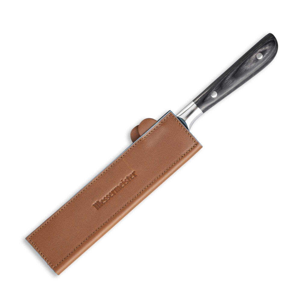 Messermeister 8.5" Leather Magnetic Edge Guard in Use with Knife