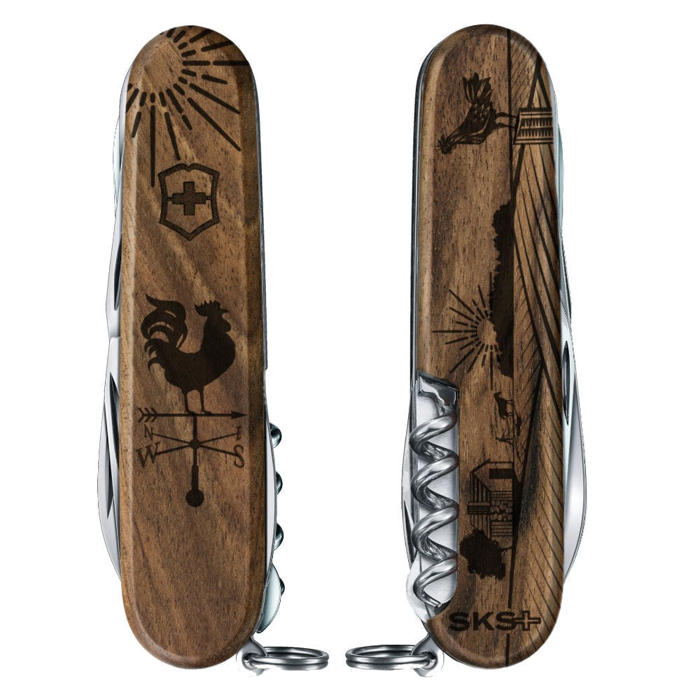Victorinox Personalized Farm Spartan Hardwood Walnut Designer Swiss Army Knife Front and Back with Engraving Space