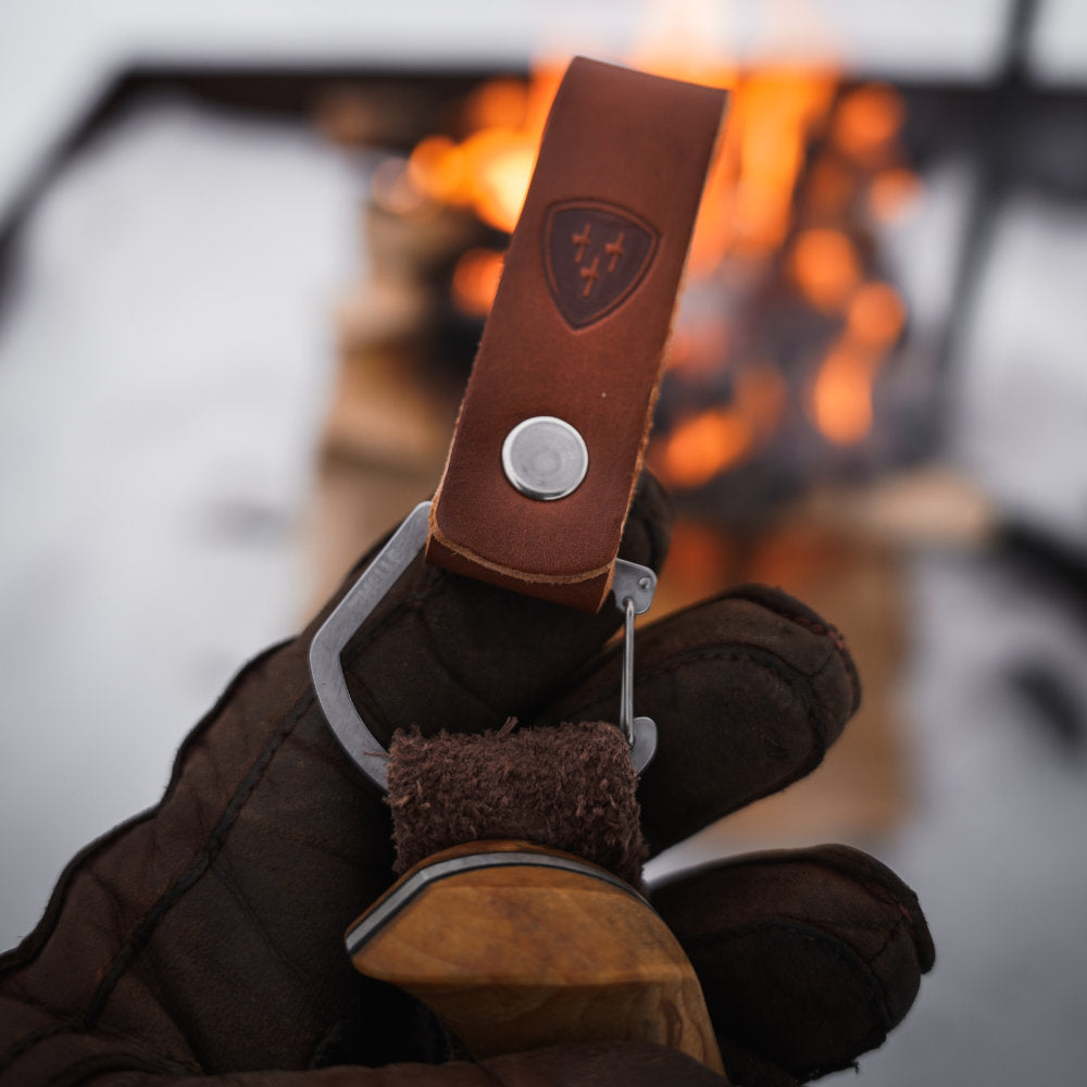 Helle Knife Leather Belt Clip Tan Close-up on Knife Sheath