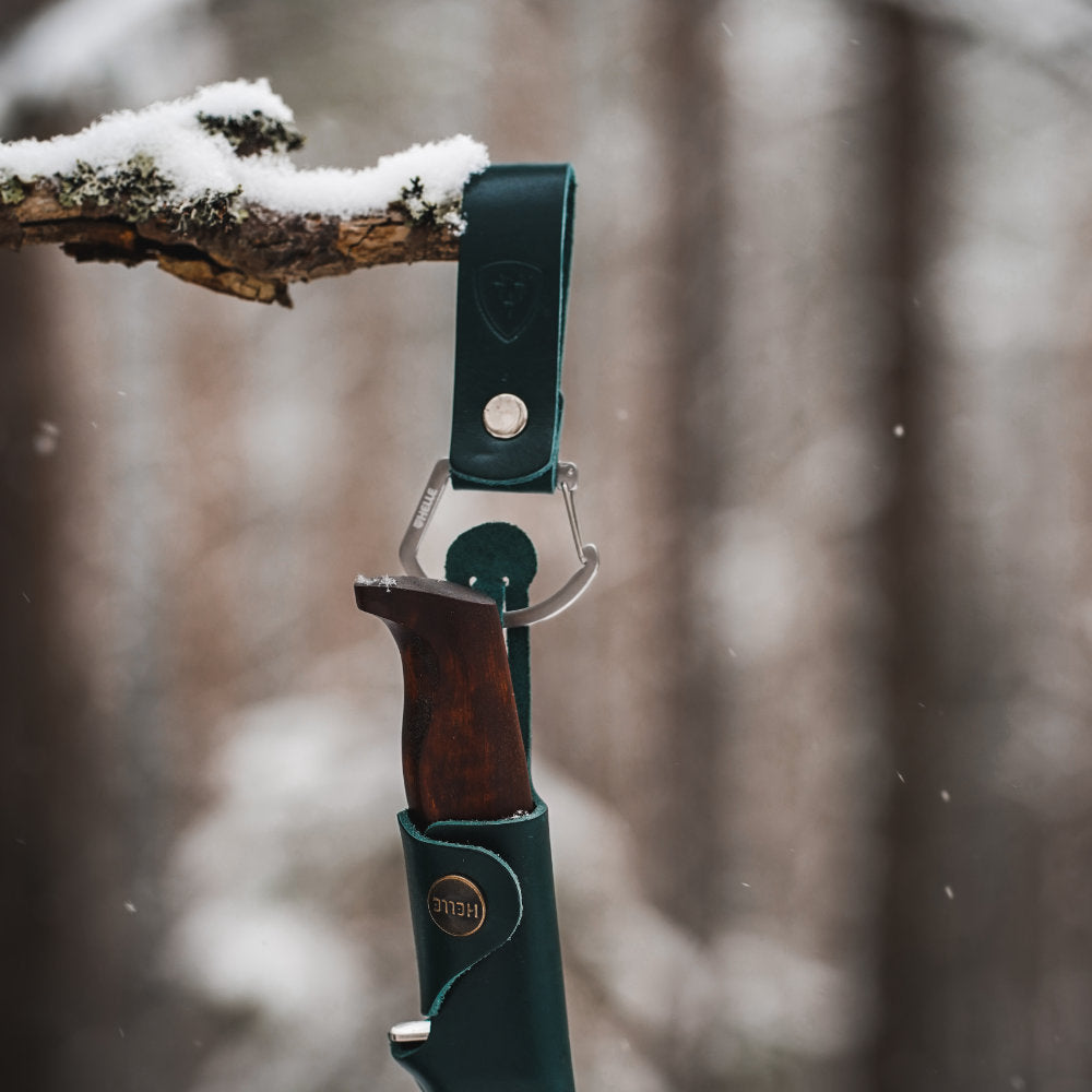 Helle Knife Leather Belt Clip Green on Knife Sheath