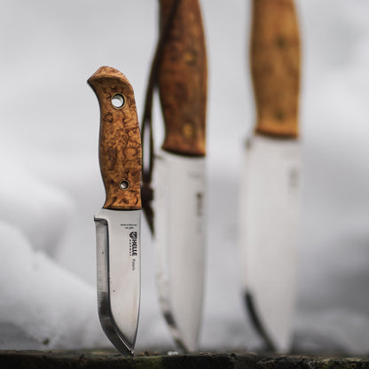 Helle Polaris Compact Outdoor Knife with Leather Sheath with Nord and Nordlys in Background