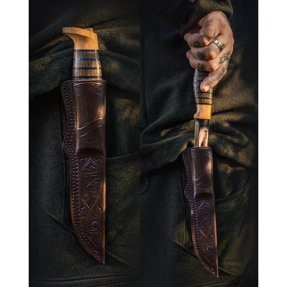 Helle Sigmund Outdoor Knife in Leather Sheath and Being Removed from Sheath