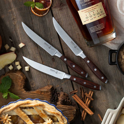 Messermeister Avanta Forged 4-Piece Steak Knife Set in Use with Pie