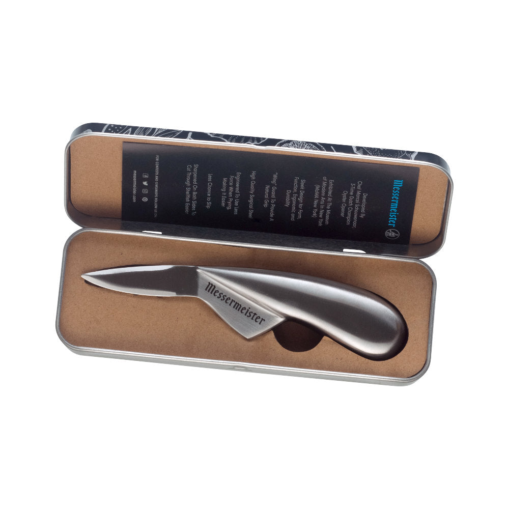 Messermeister Oyster Knife in Tin Angled View