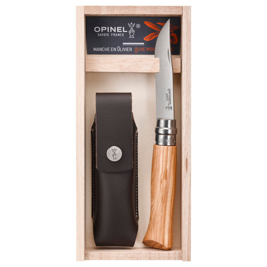 Opinel No.8 Olivewood and Stainless Steel Folding Knife and Sheath Set at Swiss Knife Shop