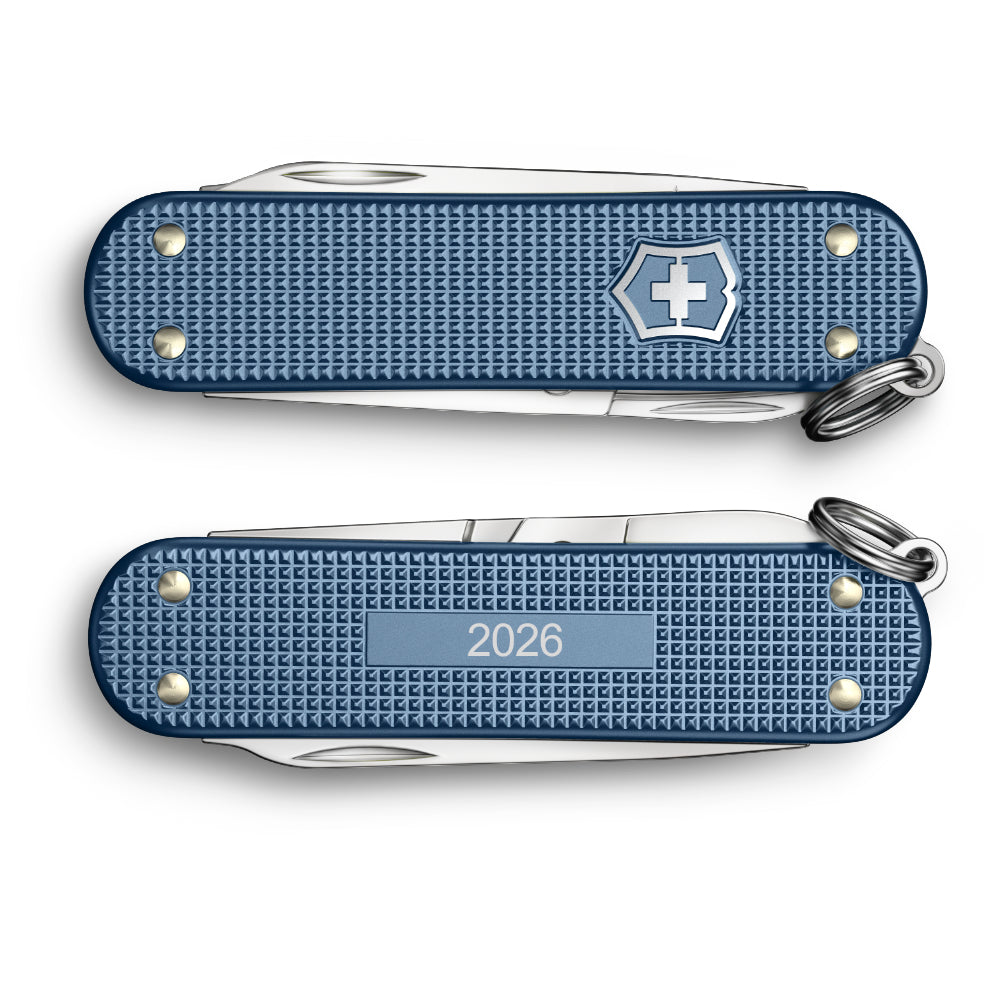 Victorinox Glacial Blue Classic SD Alox 2026 Limited Edition Swiss Army Knife Front and Back with Engraved Back Panel