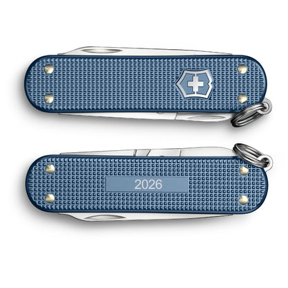 Victorinox Glacial Blue Classic SD Alox 2026 Limited Edition Swiss Army Knife Front and Back with Engraved Back Panel