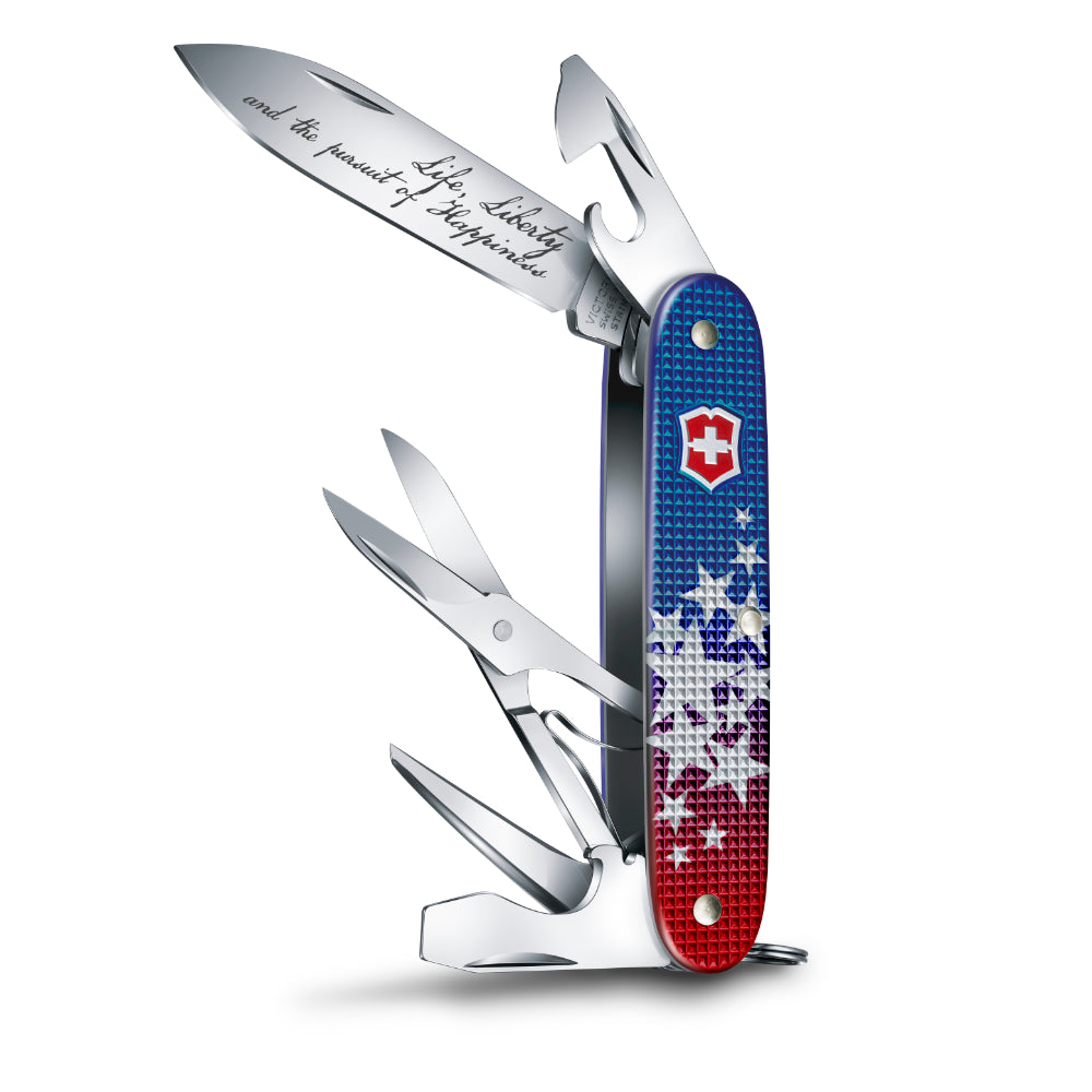 Victorinox America's 250th Anniversary Pioneer X Alox 2026 Limited Edition Swiss Army Knife Fully Open with Engraved Blade