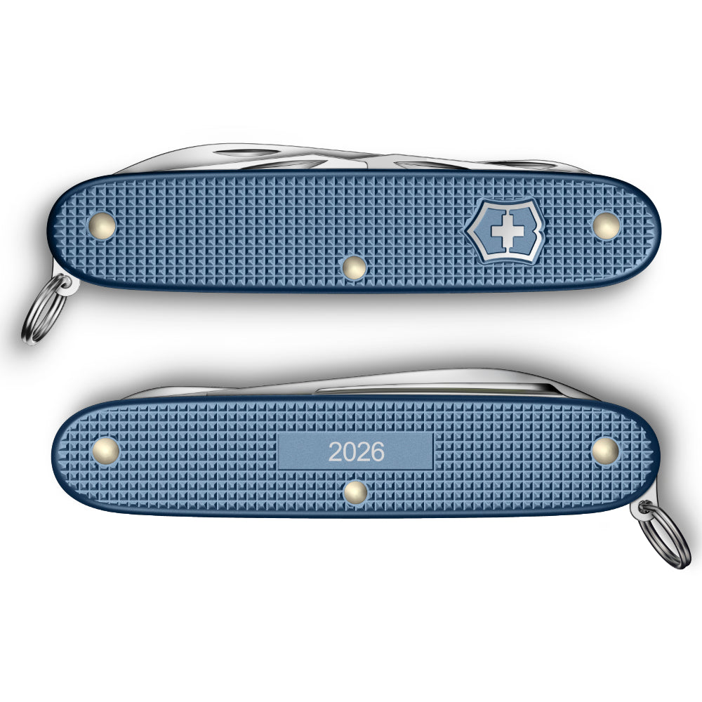 Victorinox Glacial Blue Pioneer X Alox 2026 Limited Edition Swiss Army Knife Front and Back with Engraved Back Panel