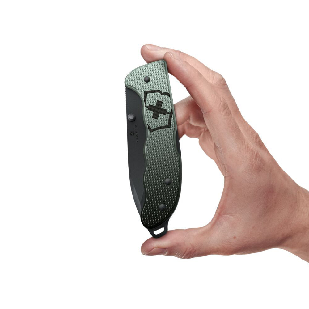 Victorinox Evoke BS Ice and Grey Alox Lockblade Swiss Army Knife with Clip in Hand.