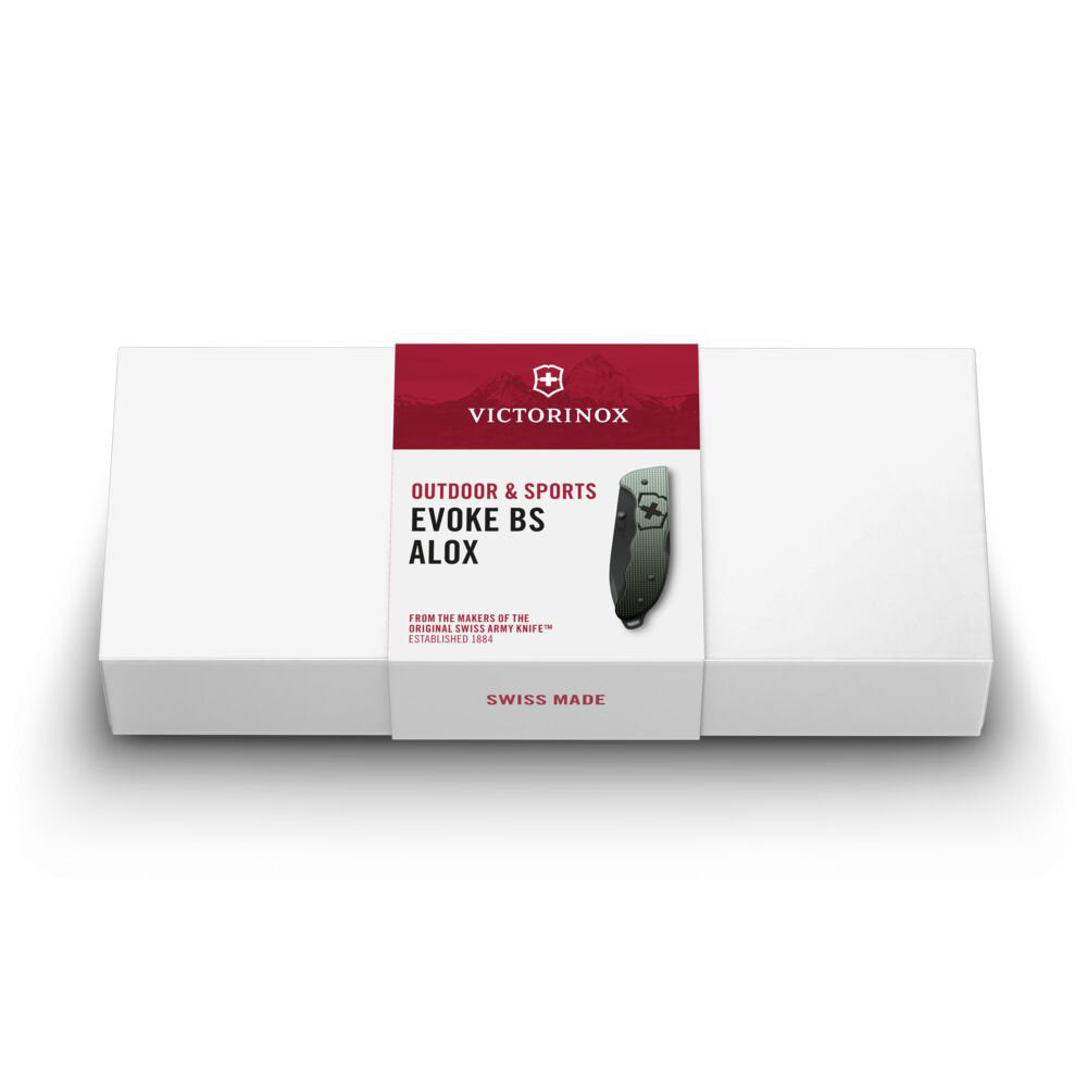 Victorinox Evoke BS Ice and Grey Alox Lockblade Swiss Army Knife with Clip in Closed Box.